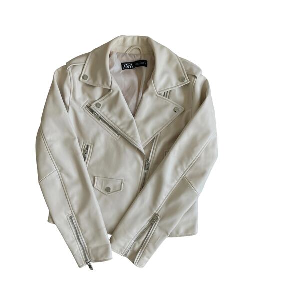ZARA Moto Biker Jacket Faux Leather Full Zip Belted Women's Medium Beige Cream - Picture 6 of 15